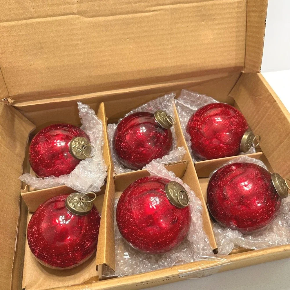 Restoration‎ Hardware Red Crackle Glass Christmas Ornaments Set of 6 Brass Top